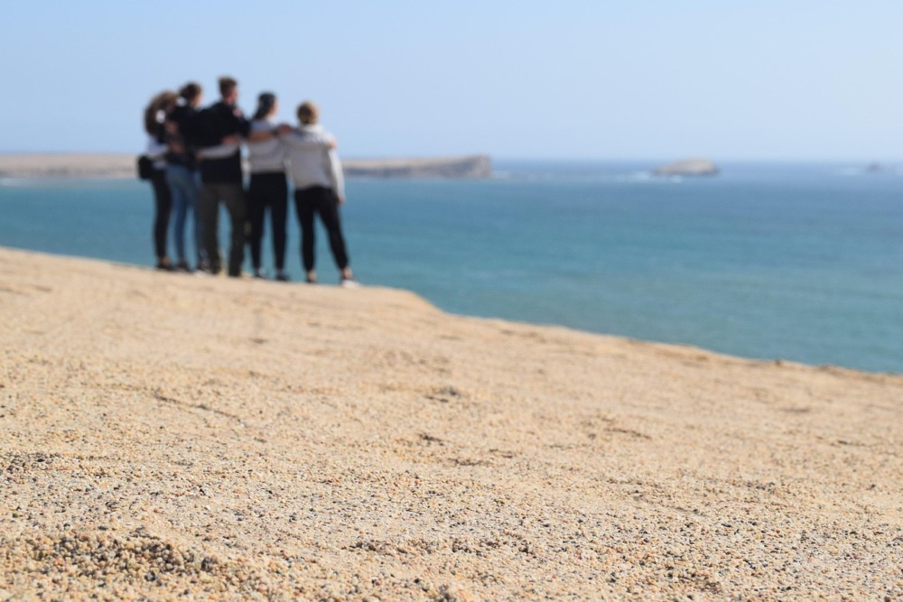un grupo de personas en la playa observando el mar 
